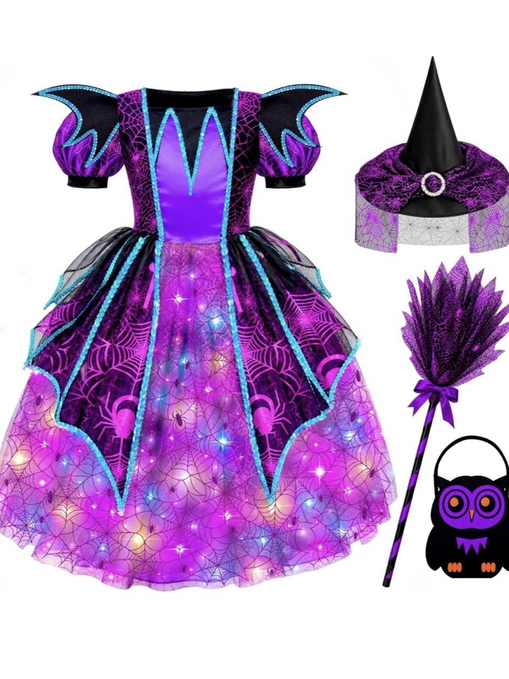 Girls LED Witch Costume Purple Black, size medium for 5-7 years old, NWT